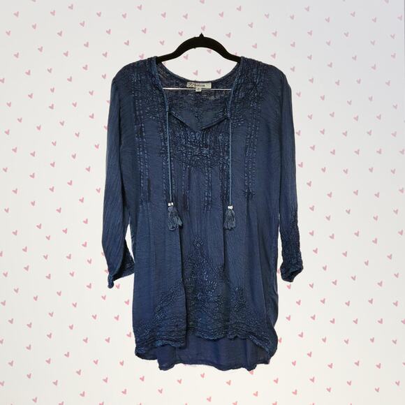L'affaire, S | Boho Deep Blue Embroidered Tunic With Front Draw Strings - Picture 1 of 5
